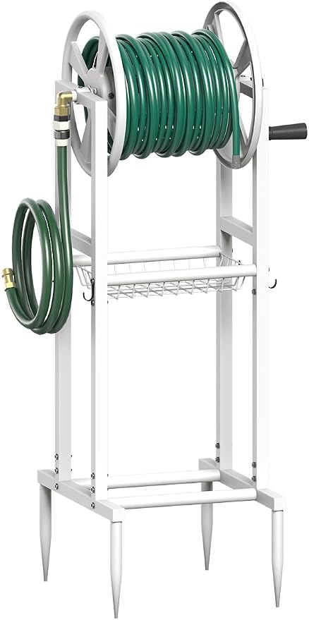 Freestanding Garden Hose Reel holds 125ft Hose of 5/8" with 4 Hooks, 4-Spike Outdoor Hose Holder with 3.9ft Leader Hose & Brass Fitting, Detachable Metal Hose Stand with Storage Rack, White