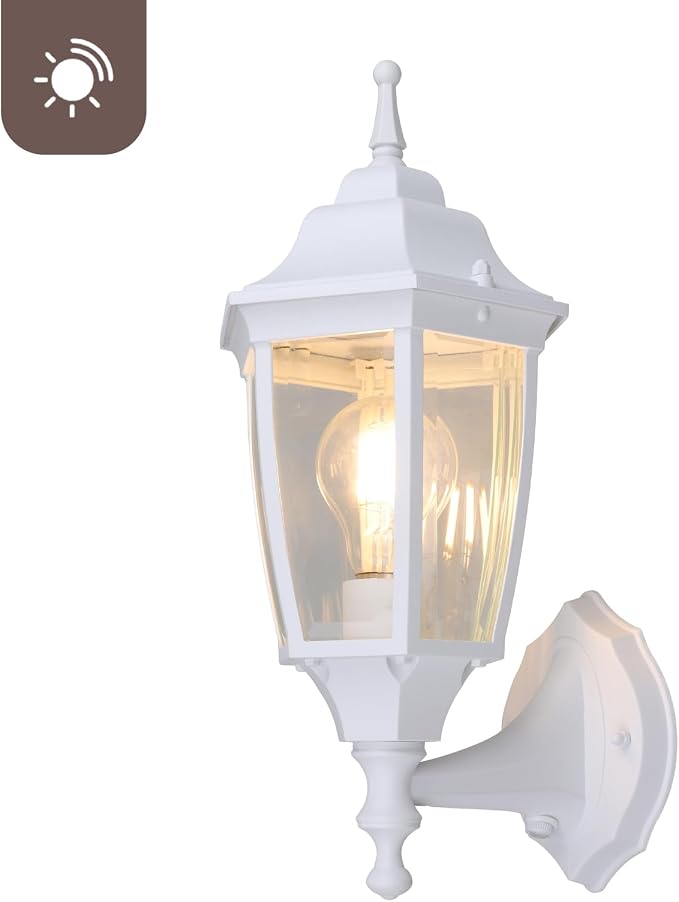 Die-Cast Aluminum & Glass Dusk to Dawn Photocell-Controlled Outdoor Wall Light, IP65 Waterproof Outdoor Light Fixture, E26 Base (60W Max) Porch Light, ETL, UL, CSA Qualified, White