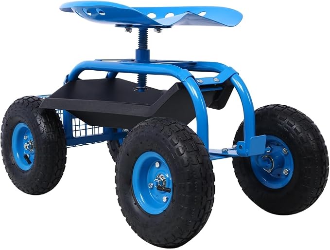 Garden Cart Rolling Scooter, Adjustable Height Heavy Duty Scooter, Rolling Garden Cart with 4 Wheels and Extendable Handle, Garden Stool Cart with 360-Degree Seat and Tool Tray Blue