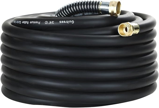 Guitrees 75FT 3/4 Heavy Duty Rubber Garden Hose - 300psi Working, 1000psi Burst - Hot/Cold Water - Five-Layered Braiding for Durability - Versatile for Gardening, Agriculture, Construction(Black)