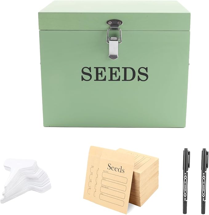 Seed Storage Organizer with 2 Dividers,Wooden Seed Saving Box with Lid, Seeds Bin Storage Container Kit with 2 Pens,20 Plant Labels and 50 Seeds Envelopes, Perfect for Flower Plants Garden