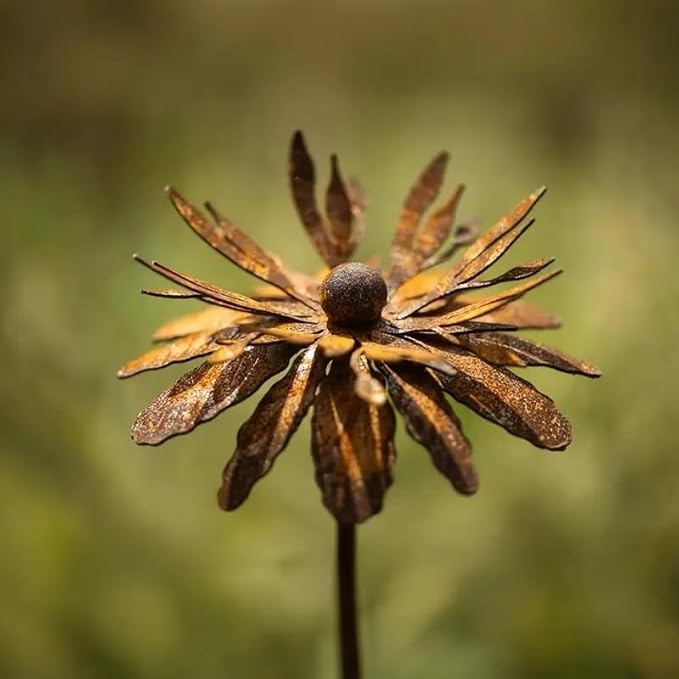 Set of 2 Vintage Rusty Cornflower Statues Stake 12 Inch Metal Artistic Wire Art Decor Rustic Garden Sculptures for Lawns Yard Patio Home Farmhouse Decoration (Bronze) (Bronze)