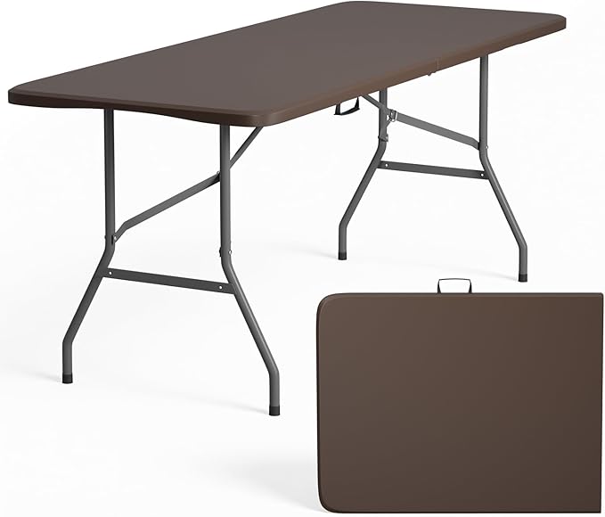 FDW 6 FT Folding Table, Portable Plastic Table with Carrying Handle Perfect for Indoor, Outdoor, Party, Dining, Wedding, Events, Camping, Brown