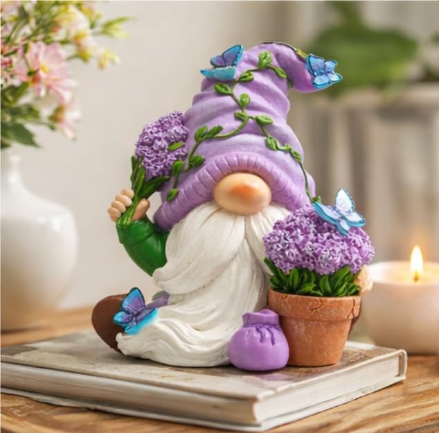 Hodao Spring Gnome Garden Decor with Butterflies and Lavender Flowers, Hand Painted Resin Gnome Figurine for Home Shelf Table Patio Decoration, Gift for Women Mom Garden Lovers
