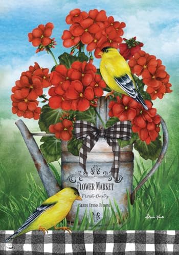 Briarwood Lane Geranium Watering Can Summer Garden Flag Goldfinches Birds 12.5" x 18"