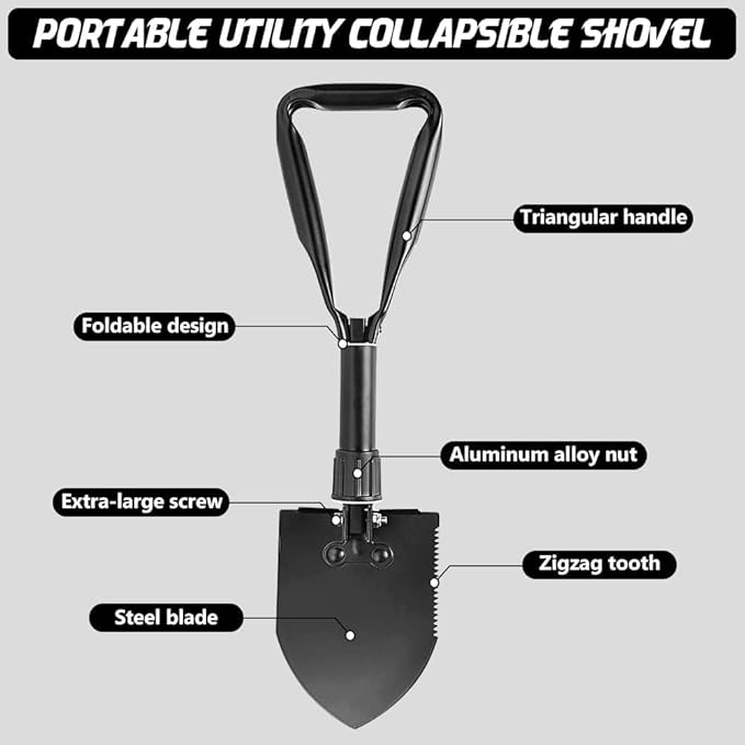Camping Shovel Set, 3-in-1 Ultra-Light Aluminum Mini Shovel & 18.5'' Folding High Carbon Steel Shovel Ideal for Gardening, Hiking, Camping, Backpacking, Survival（Black）