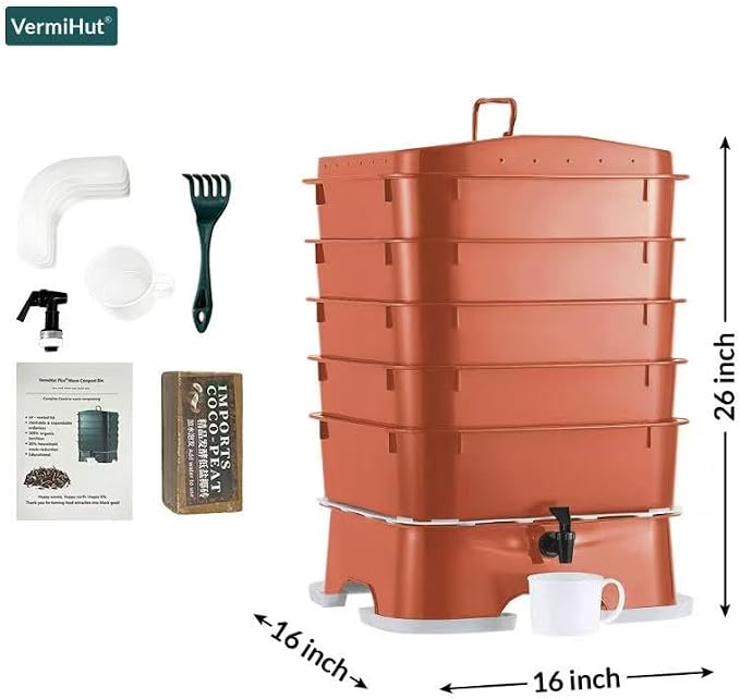 Original Vermihut ® Plus 5 – Tray Worm Composter -Sustainable Design for Both Indoor & Outdoor, Worm Compost Bin for Vermicomposting Starter, Recycling Food Wastes to Save Our Planet-Terracotta