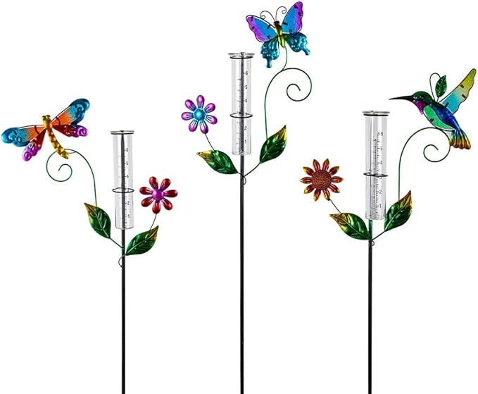 Rain Gauge Outdoor, 3 Pcs Hummingbird & Dragonfly & Butterfly Rain Gauges with 6" Plastic Tube, Metal Decorative Garden Stakes for Yard Patio Lawn Decor