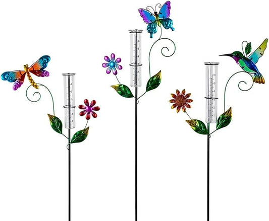Rain Gauge Outdoor, 3 Pcs Hummingbird & Dragonfly & Butterfly Rain Gauges with 6" Plastic Tube, Metal Decorative Garden Stakes for Yard Patio Lawn Decor