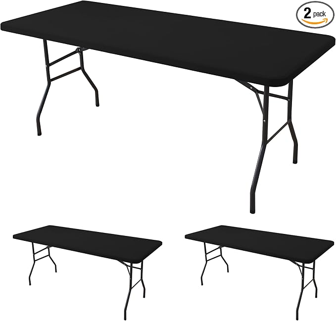 Fitted Tablecloth for 6 Foot Rectangle Tables-2 Pack Black Elastic Outdoor Picnic Table Cover-Spandex Stretch Folding Table Cloths 6 ft for Camping Dining Room Patio Kitchen Banquet Party