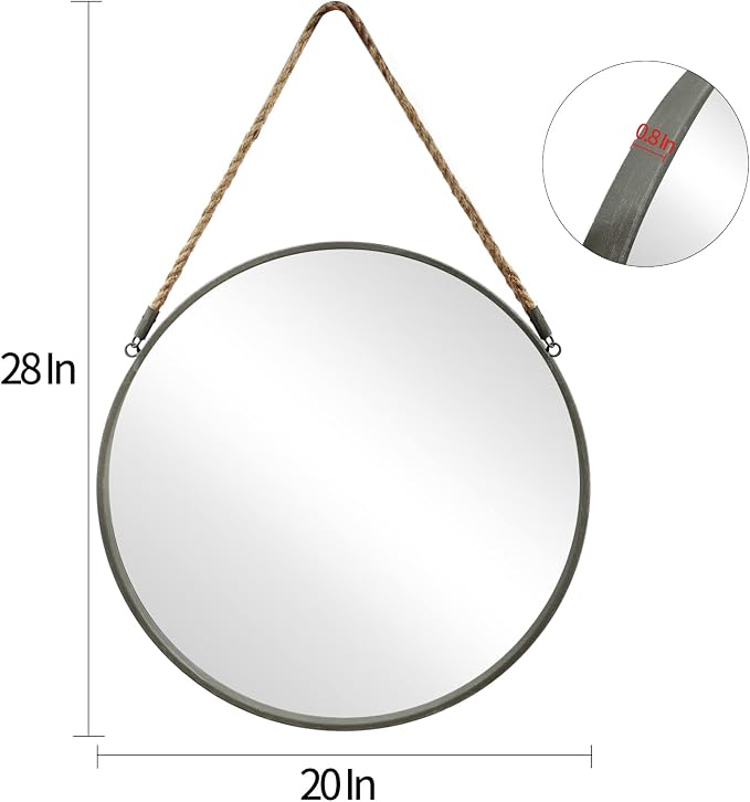 POZINO Round Hanging Mirror, 20 Inch Circle Wall Mirror with Rope, Grey Metal Frame Farmhouse Decorative Mirrors for Entryway, Living Room, Fireplace, Bedroom, Bathroom