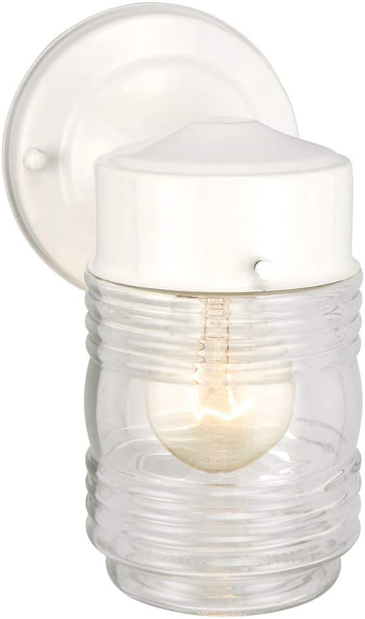 Design House Jelly Jar 1-Light Outdoor Wall Lantern, White Finish, Clear Ribbed Glass, Wet Rated Exterior Porch Light for Patio, Garage, Entryway, Front Door, and Deck, 500181