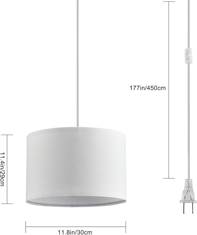 2 Pack Plug in Pendant Light, Hanging Light with 15Ft Clear Cord, On/Off Switch, White Fabric Lamp Shade, Hanging Light Fixture for Bedroom, Kitchen,