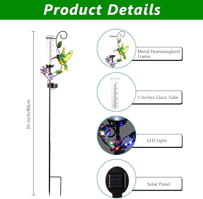 Hummingbird Rain Gauge with 5 Inch Glass Tube, Solar Rain Gauge with LED Lights Rain Water Gauge Decor for Patio, Garden Yard, Measuring Precipitation