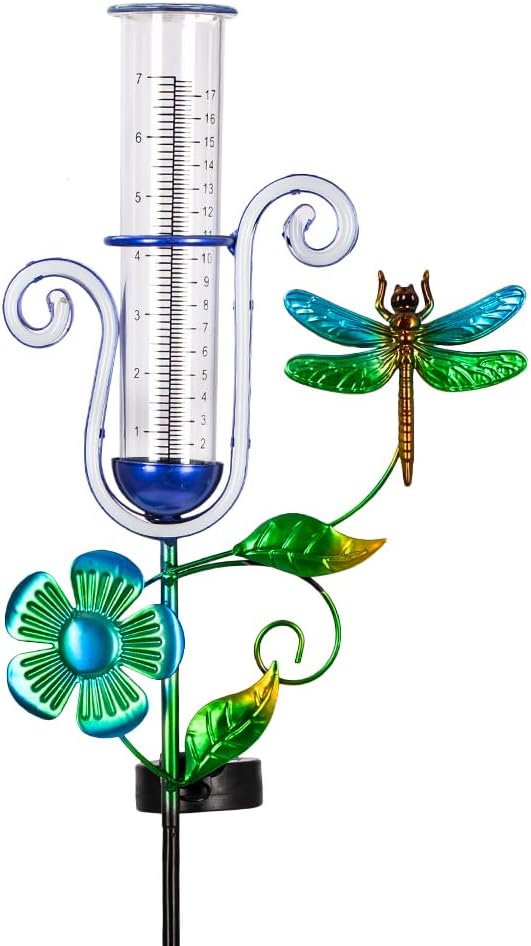 Dragonfly Rain Gauge Outdoor, Solar Rain Gauge with Led Neon Lights, Freeze Proof Rain Gauges for Patio, Garden Yard, Measuring Precipitation