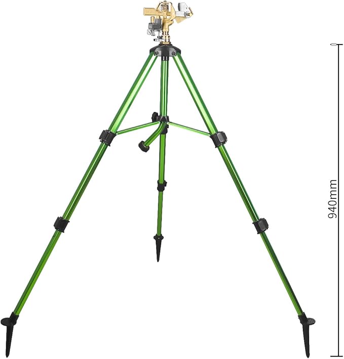 Heavy-Duty Brass Impact Sprinkler on Tripod Base, 360 Degree, 50 Feet Large Area Coverage, Adjustable Water Sprinkler, 3/4 Inch Connector Extension Legs Flip Locks
