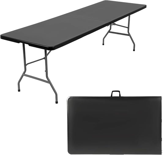 FDW 8 Foot Outdoor Dining Table, Foldable Portable Rectangular Plastic Folding Table with Built in Carrying Handle for Party and Wedding Use, Black