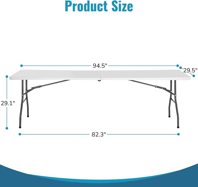 PayLessHere | 8FT Folding Table | Portable Plastic Table with Carry Handle | Waterproof & Foldable Table Design | Steel Frame with Lock | White | for Events, Camping, Indoor & Outdoor Use