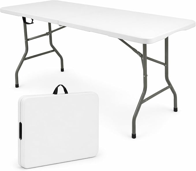 HAISIWLKJ Folding Table 5 FT Camping Table Portable Heavy Duty Plastic Rectangular Outdoor Dining Table Steel Legs Fold-in-Half with Carrying Handle for Indoor,Picnic,Party,Wedding,Events(White)