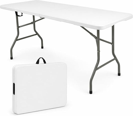 HAISIWLKJ Folding Table 8 FT Camping Table Portable White Heavy Duty Plastic Rectangular Outdoor Dining Table Steel Legs Fold-in-Half with Carrying Handle for Indoor,Picnic,Party,Wedding,Events