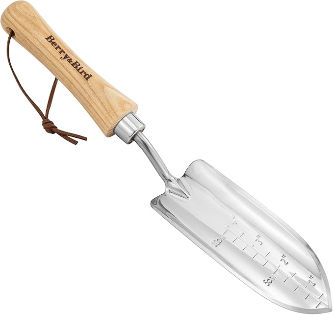 Berry&Bird 4" Measuring Transplanting Trowel, Stainless Steel Garden Hand Shovel with Ash Wood Handle & Leather Hanging Loop, Heavy Duty Gardening Tool for Digging, Planting, Potting & Loosening Soil
