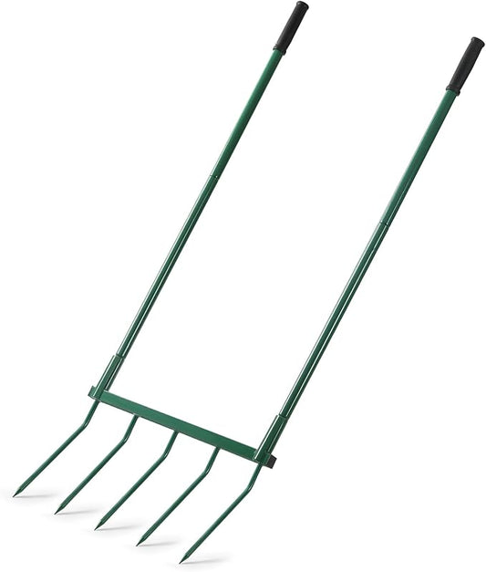 Homwin Broadfork Garden Tool with Steel Handle Heavy Duty Five Tines Broad Fork for Gardening Loosening and Aerating Soil, U-Shaped Design Hand Tiller, Compost Turner and Aerator