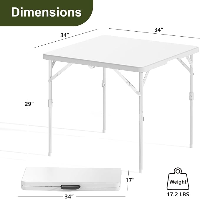 34" Folding Table, Portable Square Folding Card Table, Picnic Tables with Collapsible Legs & Carrying Handle (White, 1 Pack)