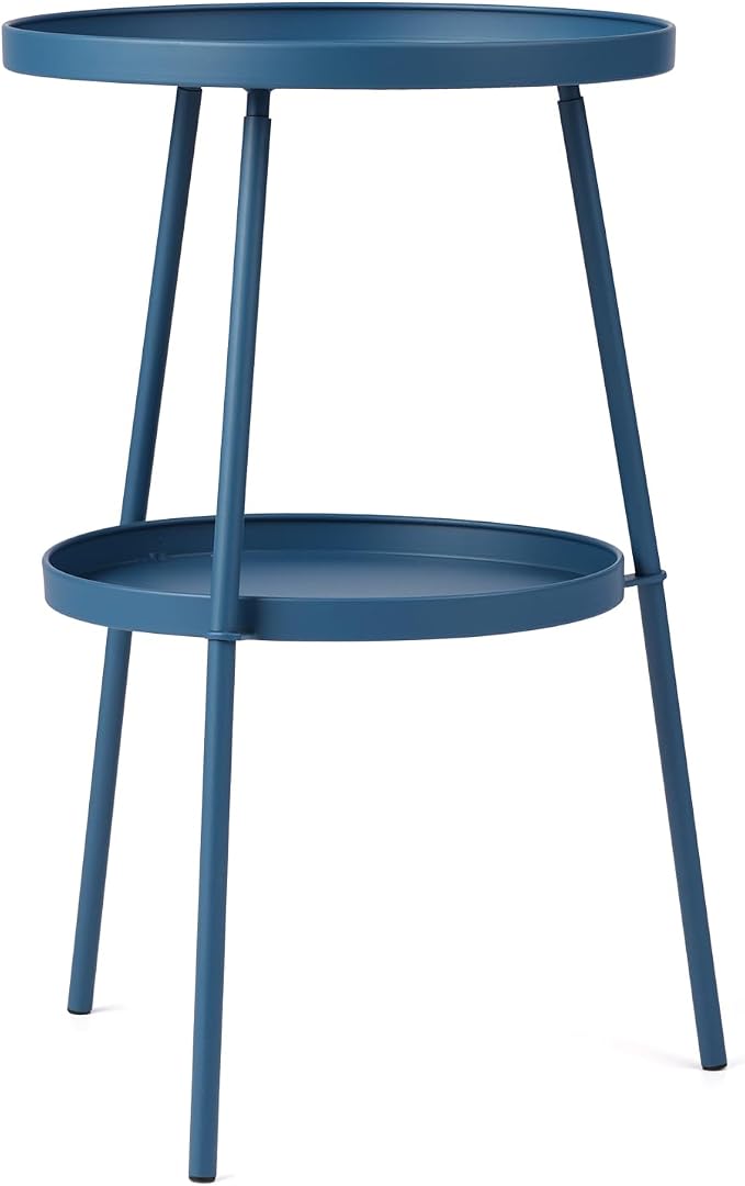 Outdoor Side Table 2 Tier End Table Metal Round Coffee Tables Nightstand for Small Spaces Indoor Outdoor and Living Room Bedroom or Office (Navy Blue)