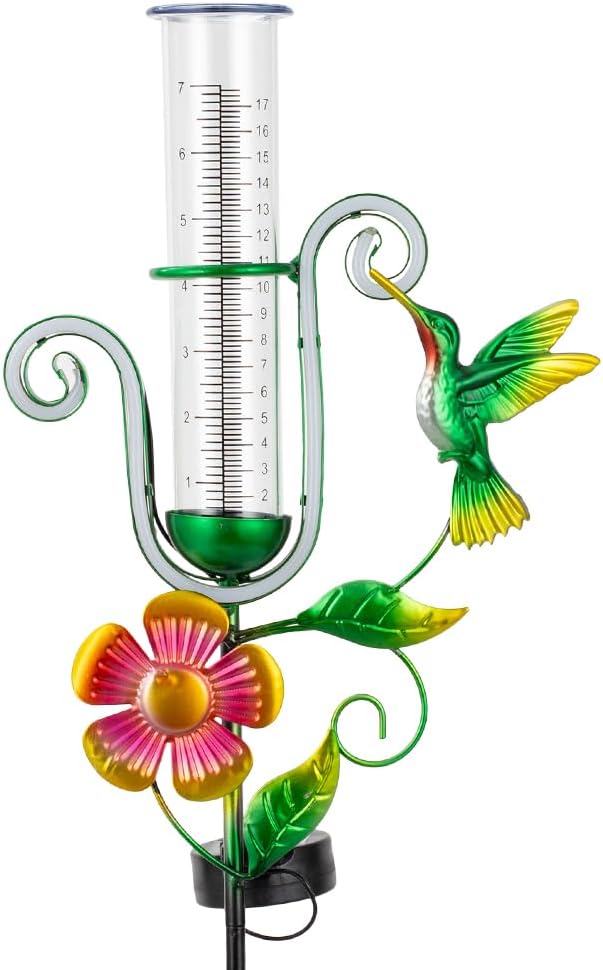 Stargarden Rain Gauge Outdoor, Hummingbird Solar Rain Gauge, Metal Rain Measure Gauge with 7 Inch Tube, Decorative Rainfall Measurement for Yard, Porch Decor