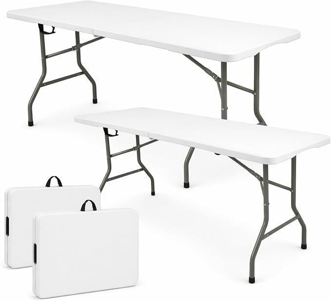 Set of 2 Folding Table 5 FT Camping Table Portable Heavy Duty Plastic Rectangular Outdoor Dining Table Steel Legs Fold-in-Half with Carrying Handle for Indoor,Picnic,Party,Wedding,Events(White)