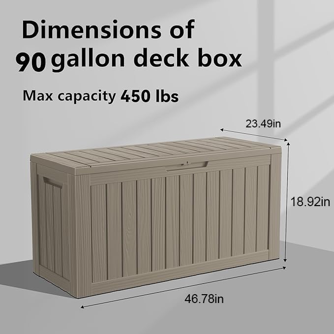 PatioZen 90 Gallon Resin Deck Box, Lockable Patio Outdoor Storage Box for Furniture, Garden Tools and Tools Storage, Waterproof Outside Storage Boxes - Grey