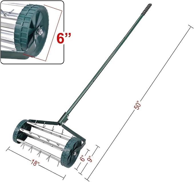 Hysache Rolling Lawn Aerator, 18" Rotary Push Tine Spike Soil Lawn Aerator Gardening Tool with 3-Piece Long Steel Handle for Garden Yard Grass Maintenance, Green