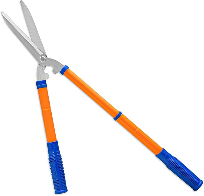 WADFOW Hedge Clippers:Bush Clippers With Adjustable Length Handle and Wavy SK-5 Steel Blade,Hedge Shears for Pruning Borders and Bushes, Blue and Yellow