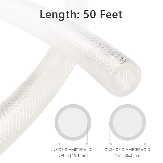3/4" ID x 50 Ft High Pressure Braided Clear PVC Vinyl Tubing Flexible Vinyl Tube, Heavy Duty Reinforced Hose Tubing, BPA Free and Non Toxic