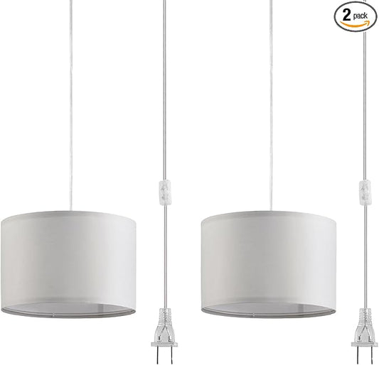 2 Pack Plug in Pendant Light, Hanging Light with 15Ft Clear Cord, On/Off Switch, French Grey Fabric Lamp Shade, Hanging Light Fixture for Bedroom, Kitchen, Living Room, Dining Table