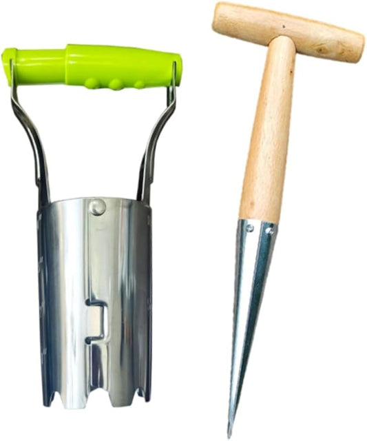 Bulb Planter+Seed Dibber, Light Green PP Handle, 430 Stainless Steel, Bulb Planter Tool Length 230mm(9.2"), Dibbler Gardening Tool 11.2", Easy Drilling/Transplanting/Planting