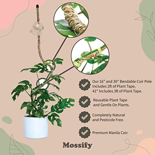 Mossify Bendable Coir Pole for Plants – 16” Premium Manila Coir Moss Pole Monstera Plant Support for Indoor & Outdoor Plant Climbing Support - Comes with Reusable Tape for Durable Plant Pole
