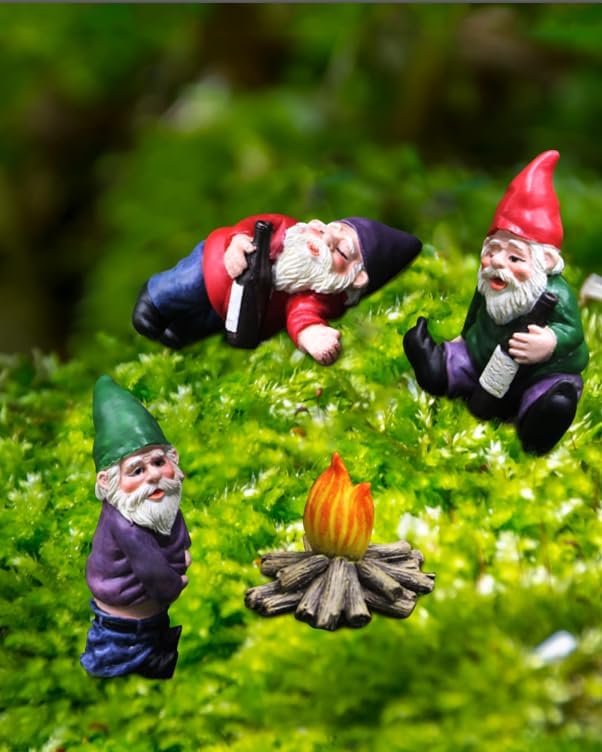 Garden Gnomes Outdoor Statue, 𝗗𝗿𝘂𝗻𝗸 Resin Gnomes Figurines, Small Gnome Gifts Decorations for Yard Home Patio Yard Lawn Balcony Porch Patio Desks Ornament, 4Pcs Set