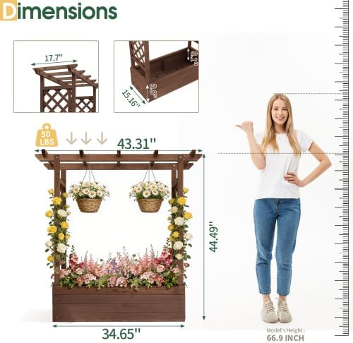 VINGLI 45 in Raised Garden Bed with Trellis & Hanging Roof, Wooden Elevated Planter Box with Drainage Holes for Outdoor Climbing Plants Vegetables Flowers, Patio Yard Balcony (Carbonized Wood, Medium)