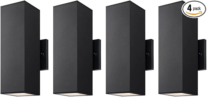 mirrea Modern Outdoor Porch Light Patio Light in 2 Lights with Aluminum Rectangular Tube and Tempered Glass Cover Waterproof Wall Sconce 4 Pack Matte Black