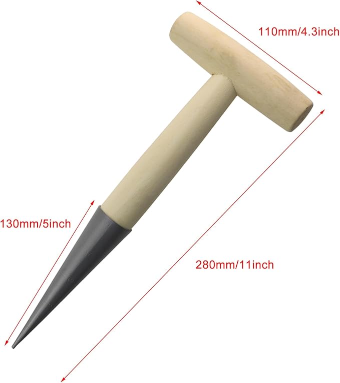 11-inch Manual Hole Digger T-Shaped Pointed Cone Fertilizer and Seed Planter Gardening Tool with Wooden Handle Handheld Digging Tool for Transplanting Tulips Bulbs Seedlings Flowers