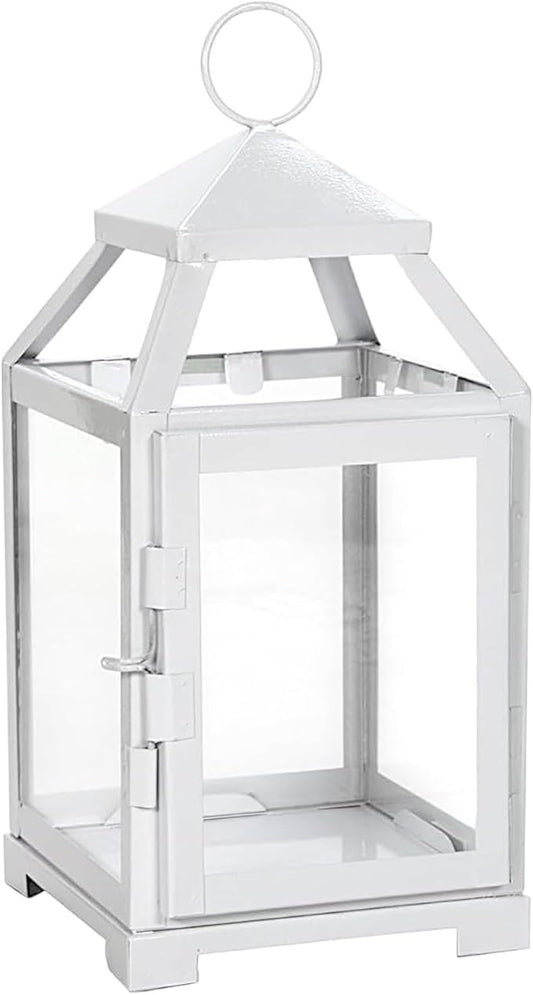 Hosley 12 Inch High Clear Glass and Iron White Classic Style Lantern Ideal Gift for Weddings Bridals Special Occasions Parties Aromatherapy and Spa Settings