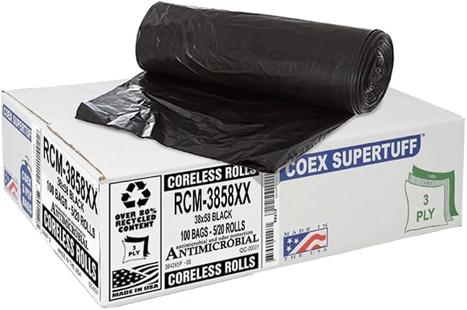 Aluf Plastics Coex Low Density Blend Star Seal Bag on Coreless Roll, 55-60 Gallon Capacity, 58" Length x 38" Width, 65 lbs Max Load, Black (Pack of 100)