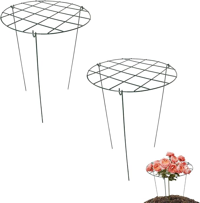 2 Pcs Flower Support Rings, Peony Cage Plant Support Stake,Grow Through Grid Plant Brace, Hoops with 3 Pcs Legs for Heavy Blossoms (2 pcs 24")