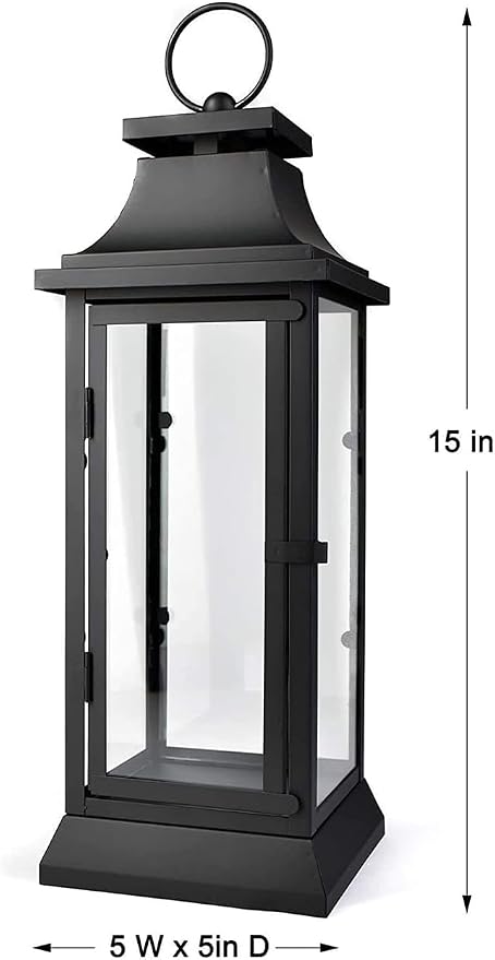 Serene Spaces Living Black Decorative Hurricane Lantern with Clear Glass Panels, Medium Indoor Outdoor Lantern for Porch, Events, Parties & Tabletop Decor, 5" Square & 15" Tall, Pack of 4