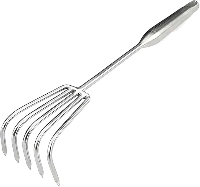 5-Tine Long-Handle Stainless Steel Small Rake – Multi-Purpose Tool for Garden Weeding, Beach Combing & Mushroom Foraging
