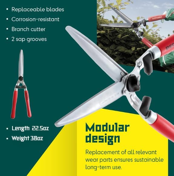 BERGER Hedge Shears – Professional 23.6" Garden Clippers with Self-Sharpening Chrome-Plated Steel Blades, 9.25" Cutting Length, Beechwood Handles – 4490