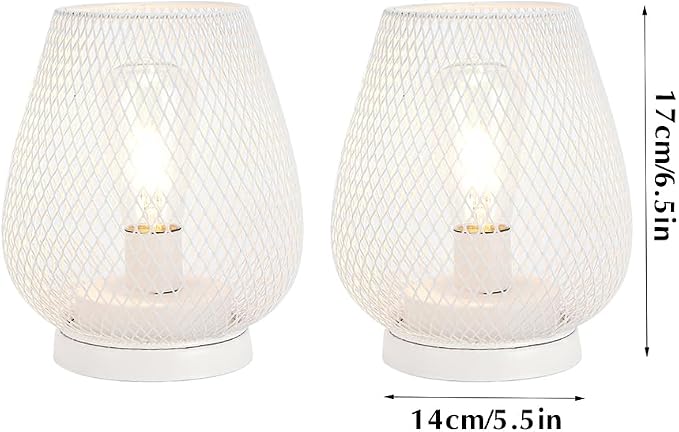 JHY DESIGN Set of 2 Metal Cage LED Lanterns Battery Powered Cordless Accent Light with LED Great for Weddings Parties Patio Events for Indoors Outdoors(White)