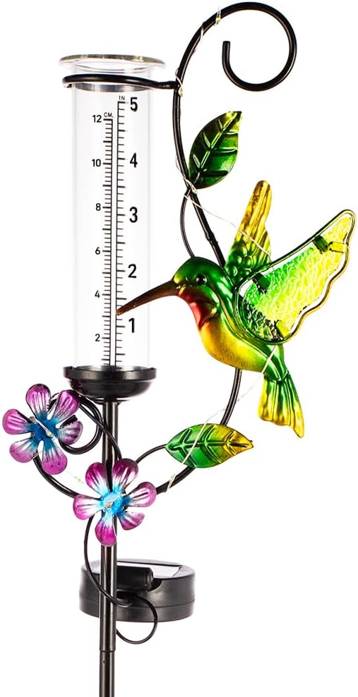 Hummingbird Rain Gauge with 5 Inch Glass Tube, Solar Rain Gauge with LED Lights Rain Water Gauge Decor for Patio, Garden Yard, Measuring Precipitation