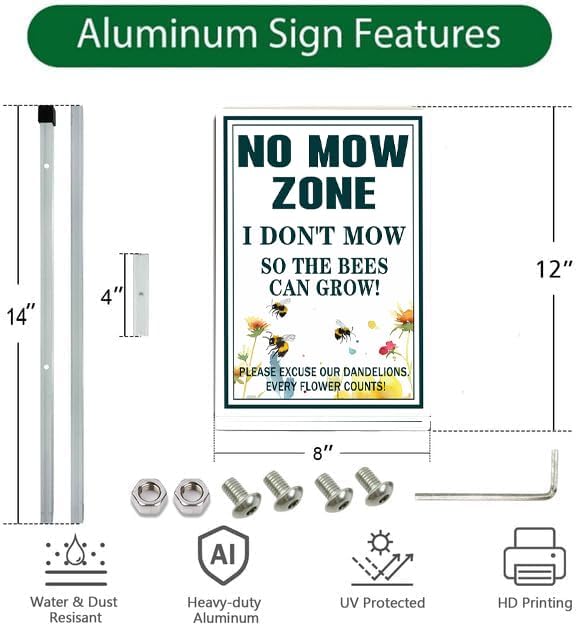 No mow zone bee Yard Sign With Stake Do Not Mow Reflective Aluminum Yard Signs Rust Free Save Bee Pollinator Habitat Garden Signs (8x12 IN)